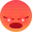 A round face with glowing red eyes and a wide open mouth expressing extreme anger.