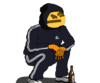 A yellow character in a black tracksuit and hoodie squatting while looking thoughtful next to a bottle.