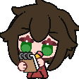 A cute chibi character with brown hair and green eyes writing in a notebook with a pencil.