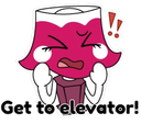 A pink-headed character with a distressed expression shouting the text Get to elevator!