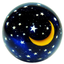 A spherical orb displaying a dark blue night sky with a yellow crescent moon and multiple white stars.