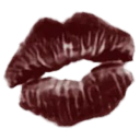 Lips pressed together in a dark red lipstick kiss mark.