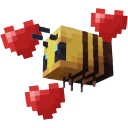 A blocky yellow and brown bee flying with red pixelated hearts floating around it.