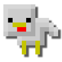 A white blocky bird with a yellow beak and red wattle looking forward.