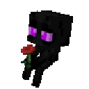 A small black blocky creature with purple eyes holding a single red rose.