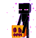 An Enderman holding a carved pumpkin with purple magical particles floating around it.