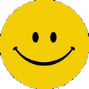 Smiley face with a bright yellow circular background and a simple black curved mouth and two black dot eyes.