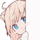 Anime girl with cat ears peeking around a white corner with blue eyes.