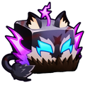A blocky, dark-colored creature with glowing blue eyes and purple magical flames surrounding its body.