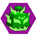 A blocky, glowing green creature with a mask-like face set against a purple background.