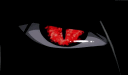A close-up of a sharp, glowing red anime eye with a vertical pupil set against a dark background.