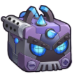 A purple robotic cube with glowing blue eyes and a cannon attached to its side.