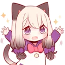 An anime cat girl with blonde hair and purple eyes raising her hands in a celebratory gesture.