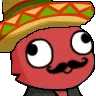 A red character wearing a sombrero and a mustache looking around with a suspicious expression.