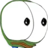 Frog face with extremely large, bulging white eyes staring forward in shock.
