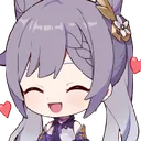 Keqing with purple hair smiling widely with closed eyes while surrounded by floating red hearts.