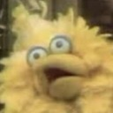 A fuzzy yellow puppet with large eyes and an open mouth looking shocked.