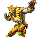 A muscular golden warrior figure in a dynamic fighting pose with arms raised.