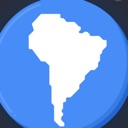 South America continent silhouette in white on a blue circular background.