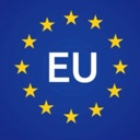 European Union flag design with the letters EU in white surrounded by twelve yellow stars on a blue background.