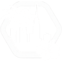 Skyscraper and palm tree silhouette inside a white hexagonal border.