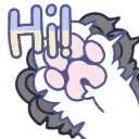 A fluffy animal paw waving with the word Hi written in blue and yellow text above it.