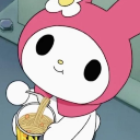 My Melody the white rabbit with a pink hood eating a cup of noodles with a small flower on her head.