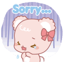 A small pink bear with a red bow on its head is crying with a sad expression and the text Sorry above it.