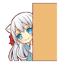 Anime girl with white hair and blue eyes peeking from behind a vertical orange wall.