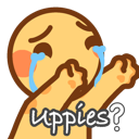 A round yellow character with tears in its eyes reaching forward with both arms while the text uppies? appears below.