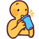 A yellow cartoon character with a swirl on its cheek sipping from a pink cup with a straw.