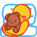 Yellow character snuggling a brown teddy bear while resting on a blue and white pillow.