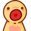 A small beige character with a heart on its chest alternates between an open-mouthed shouting expression and a closed-eye sm…
