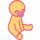 A small yellow baby character sitting down and wearing a pink pacifier.