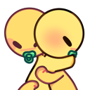 Two small yellow figures with pacifiers hugging each other tightly.