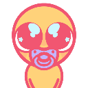 A yellow baby character with giant, glossy eyes and a purple pacifier looking up pleadingly.