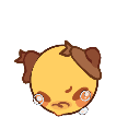 A stylized yellow puppy face with brown ears, furrowed brows, and tears in its eyes, pouting in frustration.
