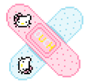 Two crossed adhesive bandages with small white cat faces on them and the word OUCH written in the center.