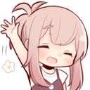Anime girl with pink hair waving her hand with a happy, closed-eye smile.