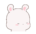 A cute white bunny with pink ears and cheeks slowly opens its eyes from a sleepy expression.