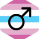 Male gender symbol centered over a horizontal striped flag with pink, white, and blue colors.