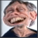 Man with a heavily distorted face and an exaggerated wide grin.