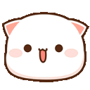 A white cat face with pink ears and cheeks bobbing up and down happily.