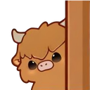 A small, brown, fluffy creature with horns peeking out from behind a wooden wall.