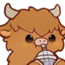 A fluffy brown highland cow with horns drinking a purple boba tea through a straw.