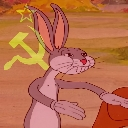 Bugs Bunny stands with a smug expression next to a yellow hammer and sickle icon.