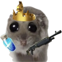 A wide-eyed, furry rodent wearing a golden crown, holding a shotgun in one hand and a glowing blue potion in the other.