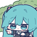 A chibi anime girl with teal hair pointing her finger while looking suspicious.
