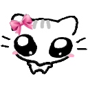 A white cat with large black eyes and a pink bow on its ear.