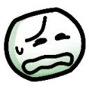 A pale green circular blob face with a nervous expression, wide eyes, and a sweat drop.